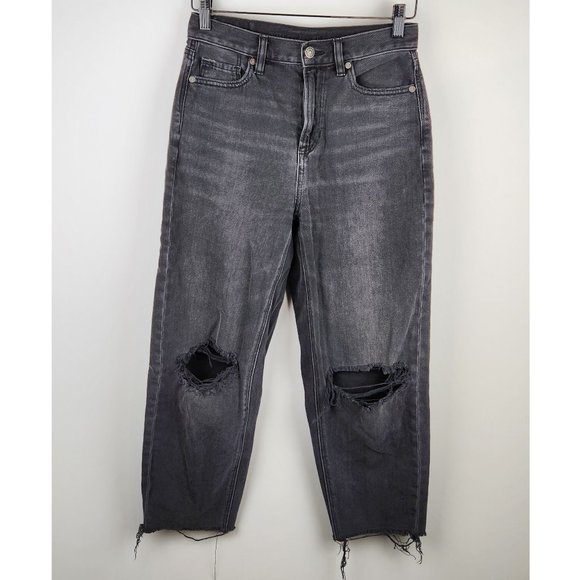 American Eagle Relaxed Mom Jeans Distressed Raw Hems Washed Black sz 0 Short - Picture 1 of 10